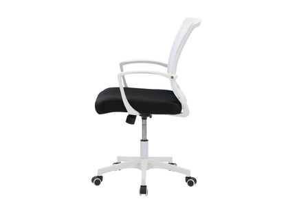 White mesh task chair with ergonomic design, adjustable height, and lumbar support for office use.