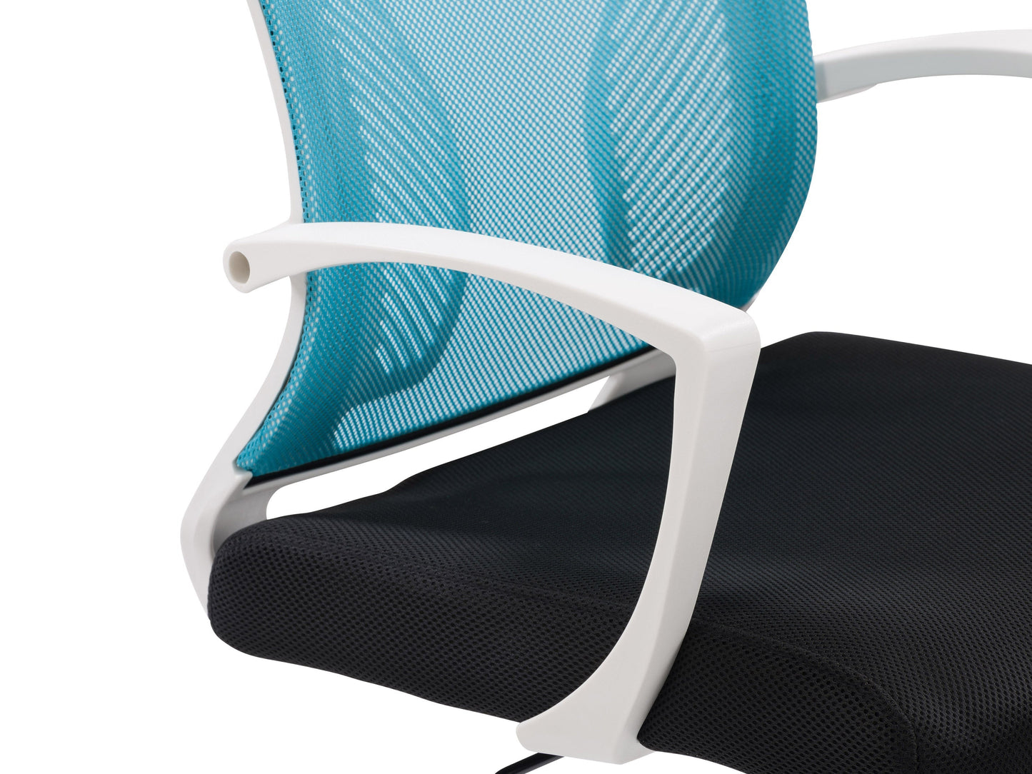 Teal mesh office chair with white frame, ergonomic design, adjustable height, and lumbar support.