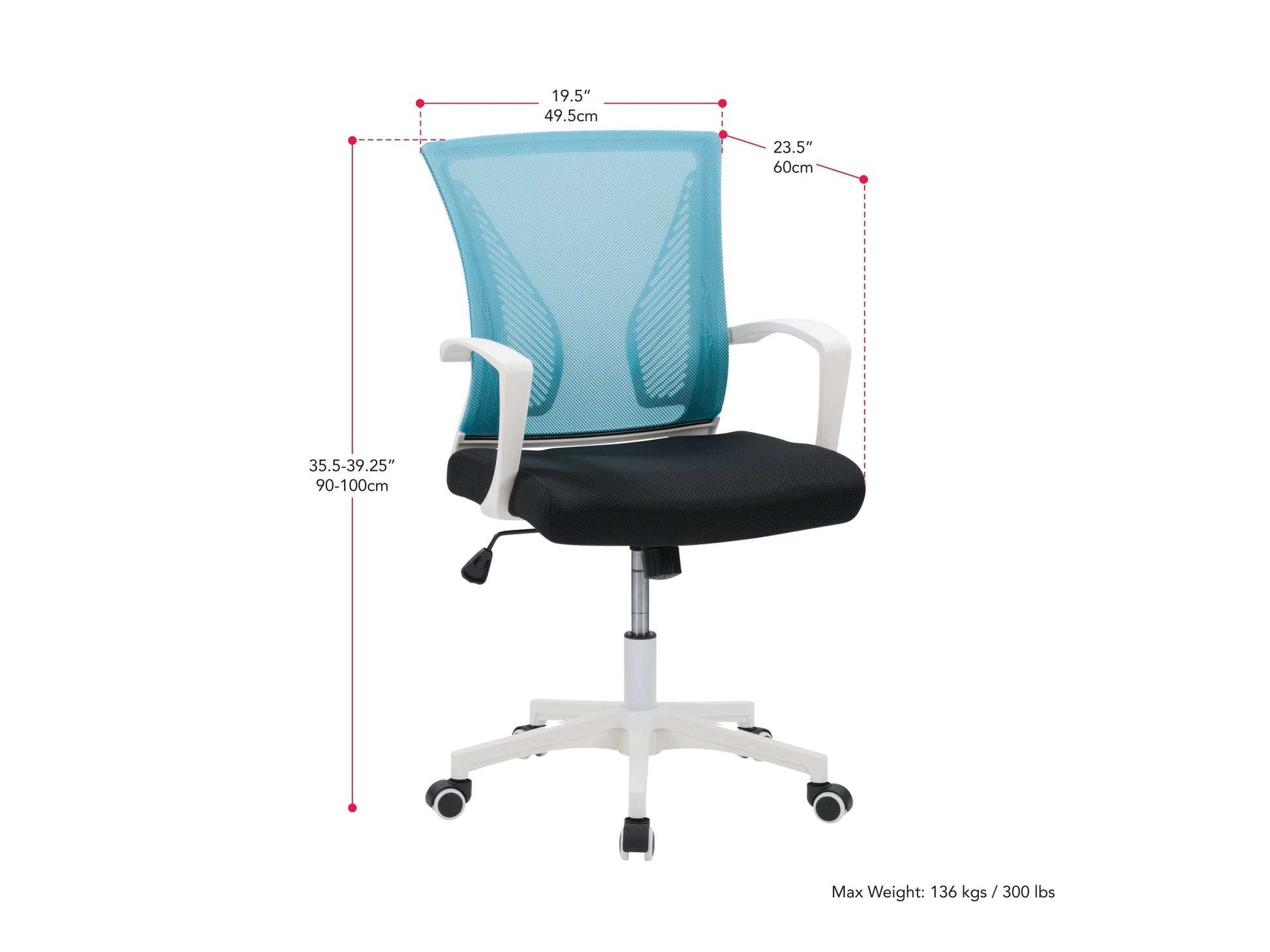 Teal mesh task chair with white frame, ergonomic design, and adjustable features for office use.