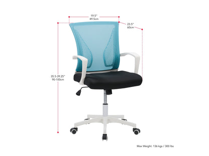 Teal mesh task chair with white frame, ergonomic design, and adjustable features for office use.