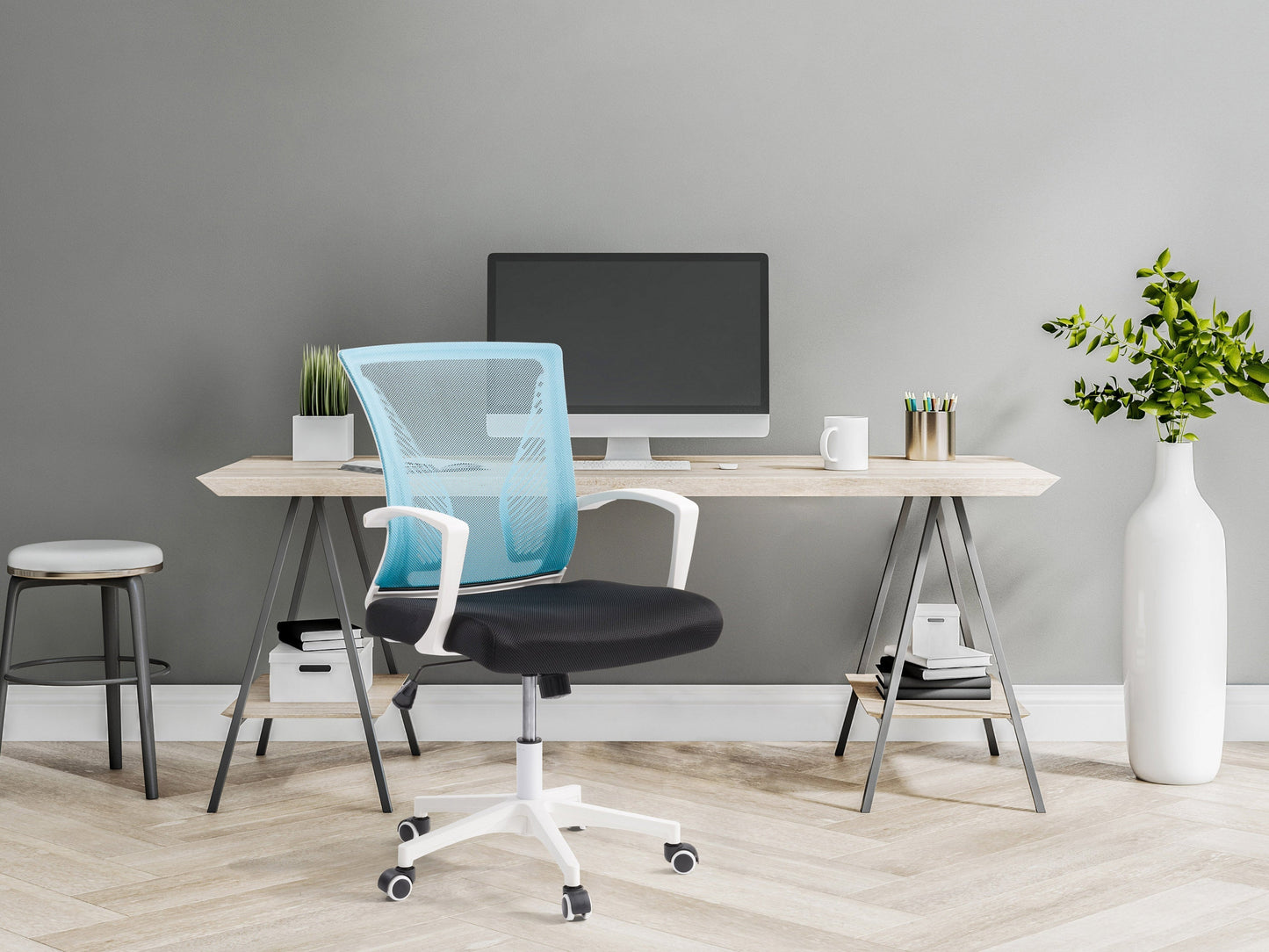 Teal mesh office chair with white frame, ergonomic design, adjustable armrests, and swivel base.