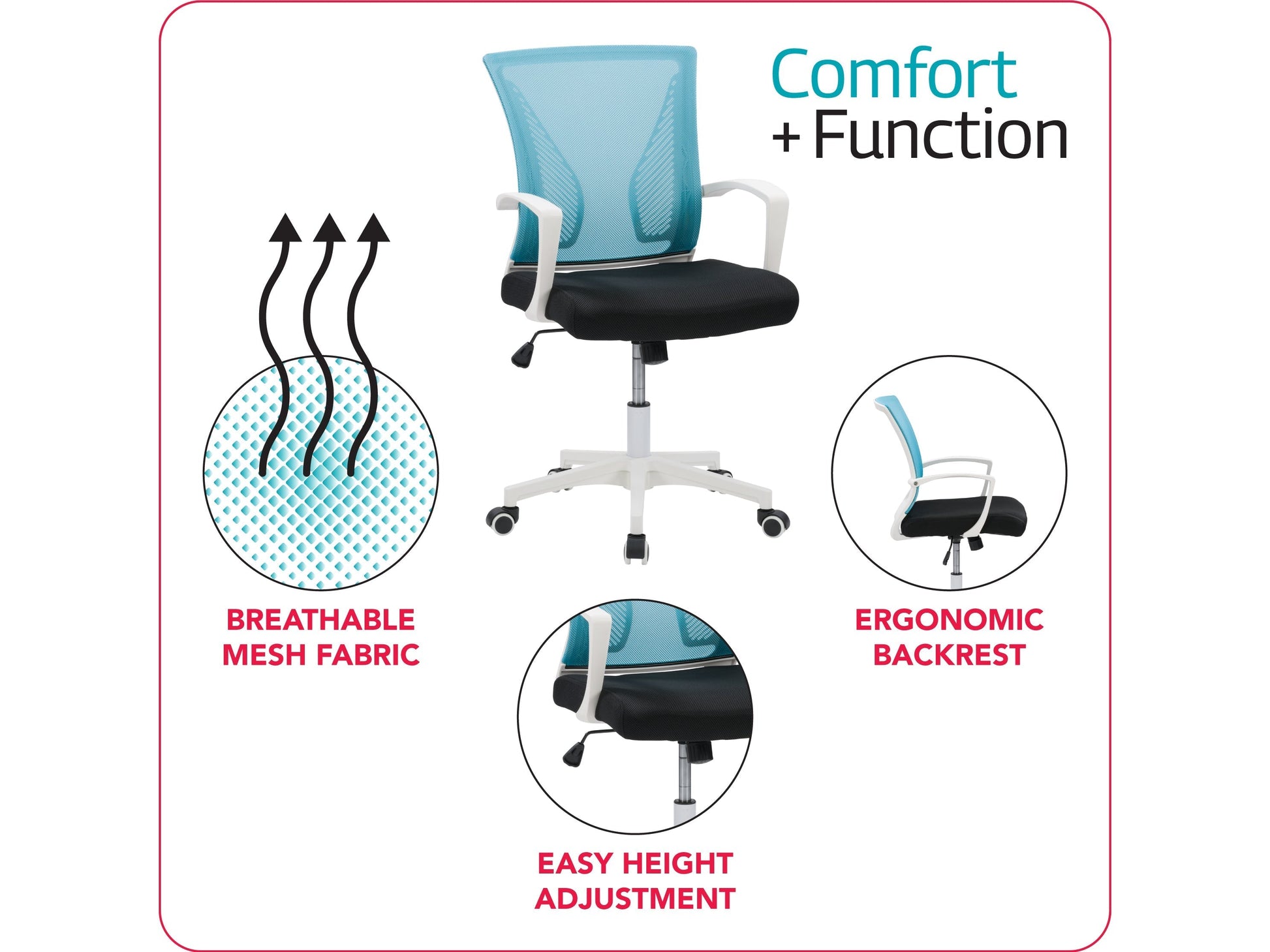 Teal mesh task chair with white frame, ergonomic design, adjustable height, and lumbar support for office use.