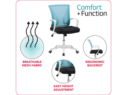 Teal mesh task chair with white frame, ergonomic design, adjustable height, and lumbar support for office use.