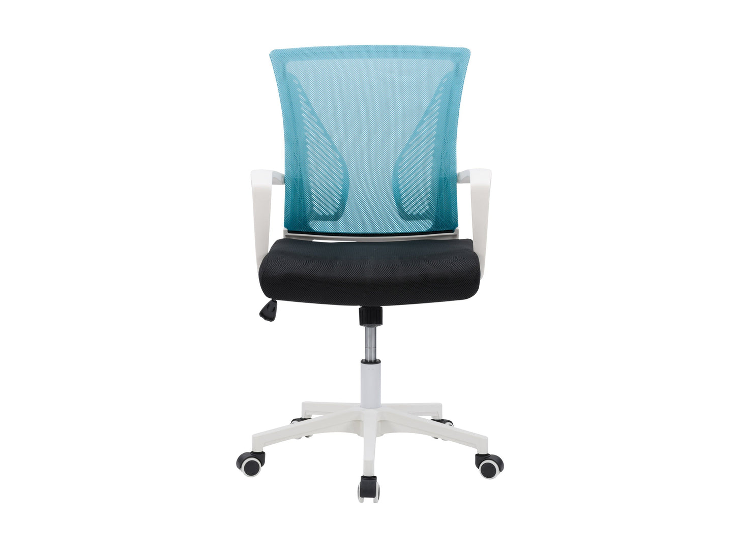 Teal mesh task chair with white frame, ergonomic design, and adjustable height for modern office spaces.