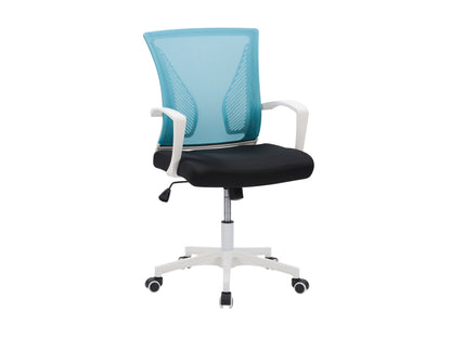 Teal mesh task chair with white frame, ergonomic design, adjustable height, and lumbar support for office use.