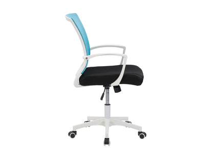 Teal mesh task chair with white frame, ergonomic design, adjustable height, and swivel base for office use.