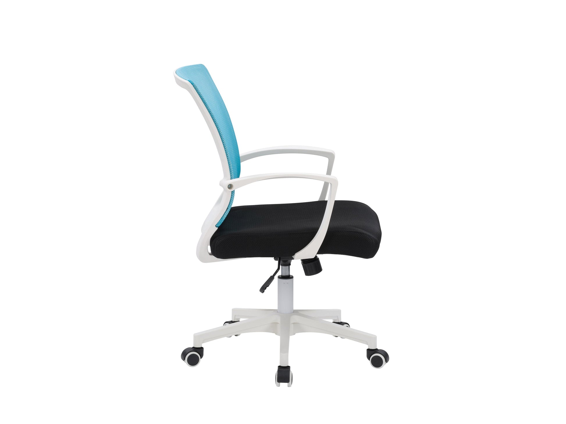 Teal mesh office chair with white frame, ergonomic design, adjustable height, and lumbar support.