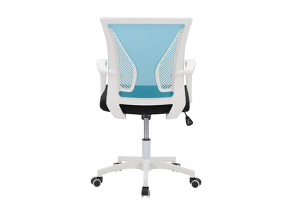 Teal mesh task chair with ergonomic white frame and adjustable height for office use.