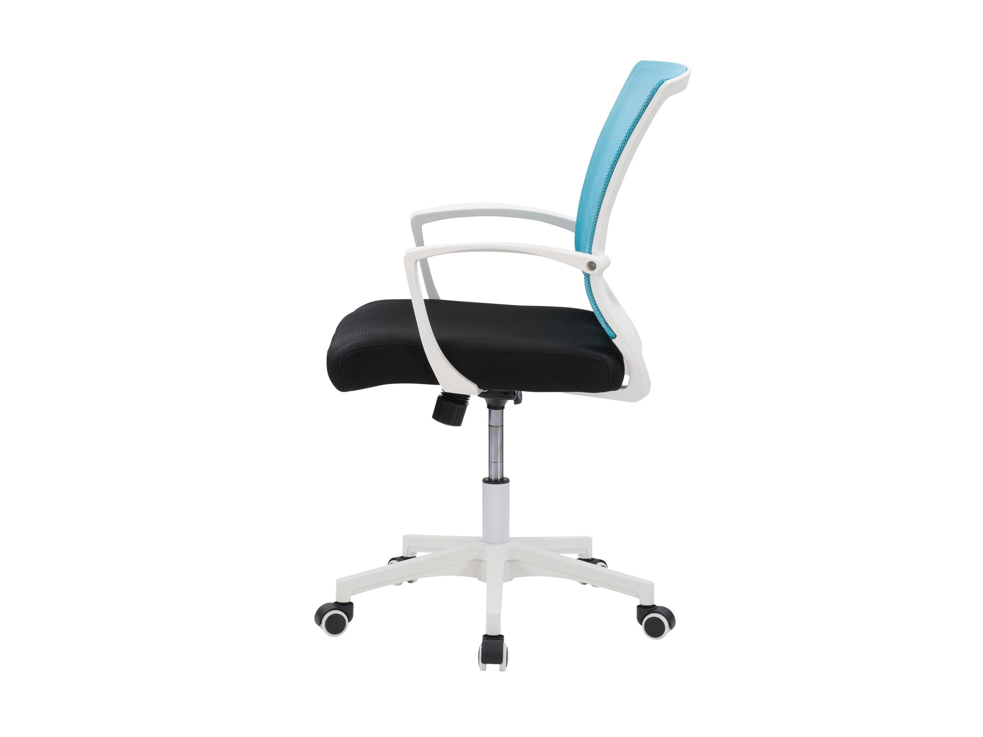 Teal mesh task chair with white frame, ergonomic design, adjustable height, and lumbar support for office use.