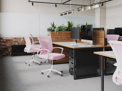 Pink and white mesh task chair, ergonomic design with adjustable height and swivel base, perfect for modern home office.