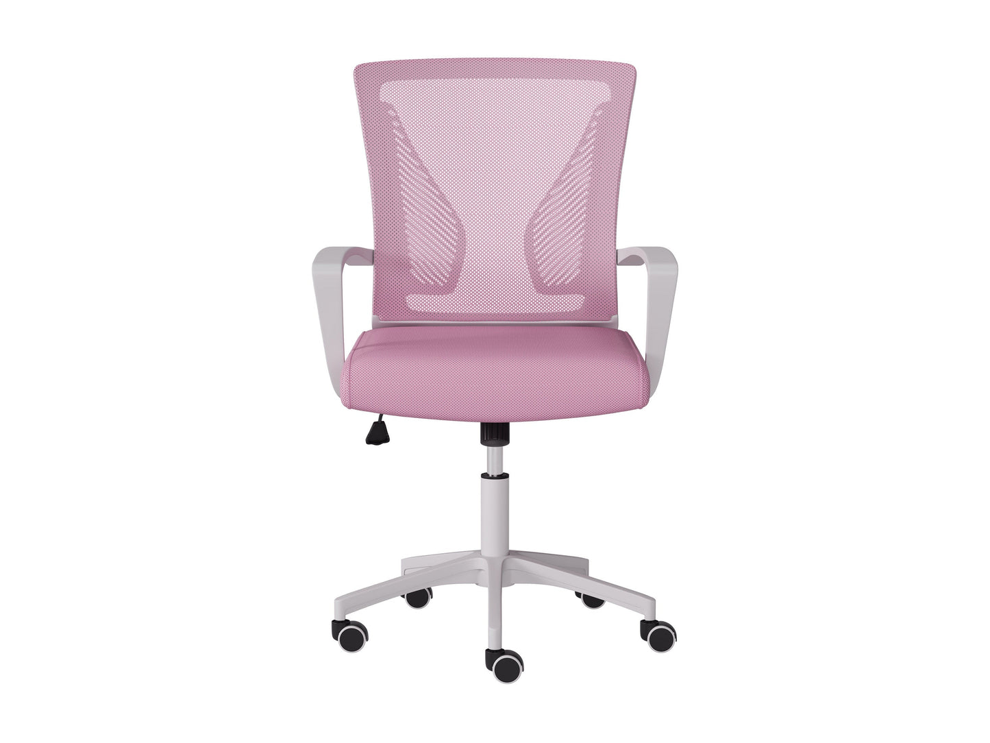 Pink and white mesh task chair with ergonomic design, adjustable height, and swivel base for office use.