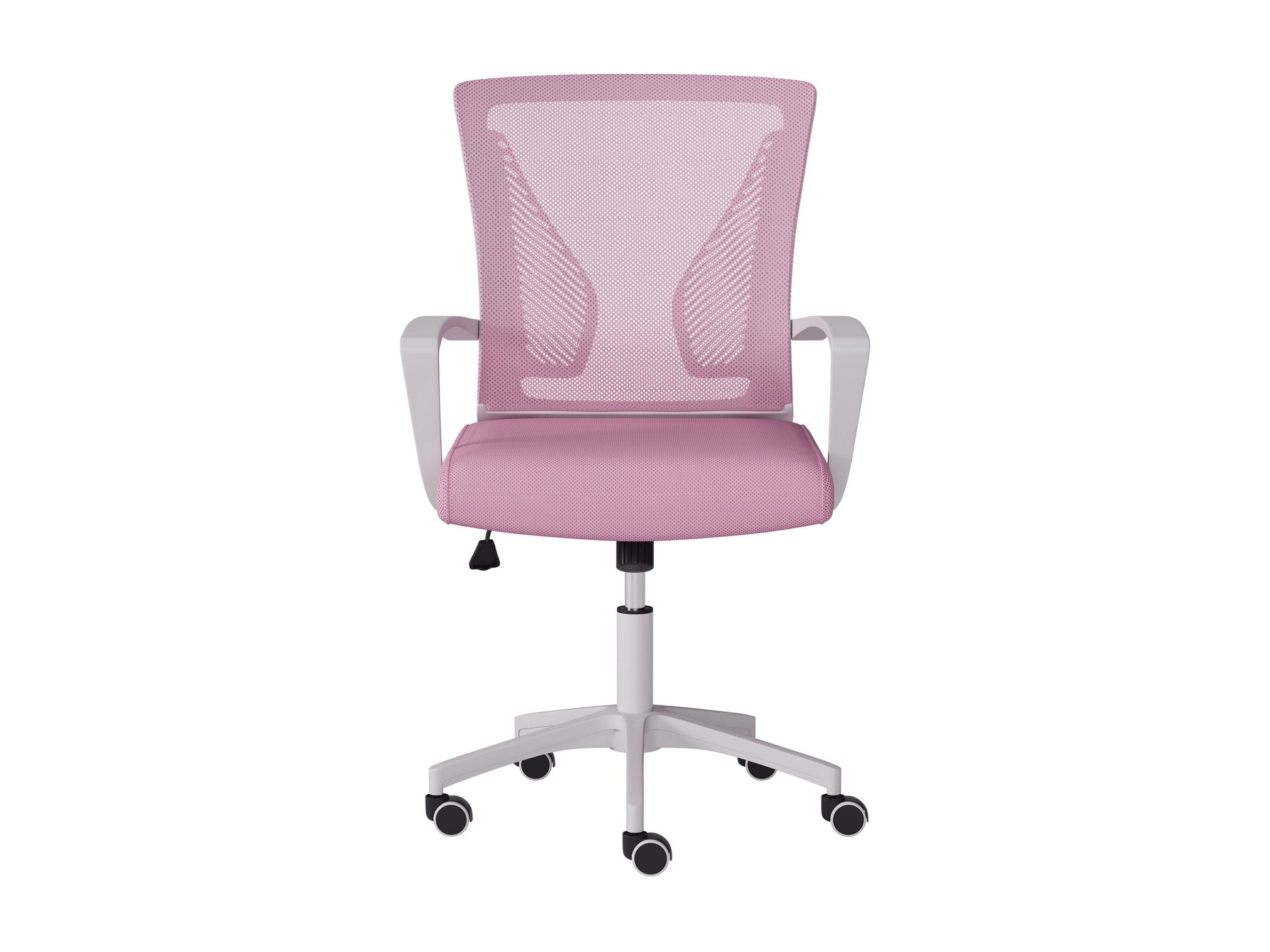 Pink and white mesh task chair with ergonomic design, adjustable height, and swivel base for office use.