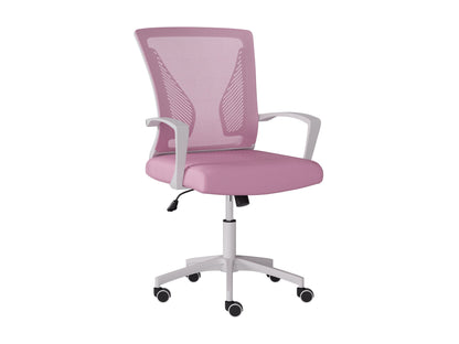 Pink and white mesh task chair with ergonomic design, adjustable height, and swivel base for office use.