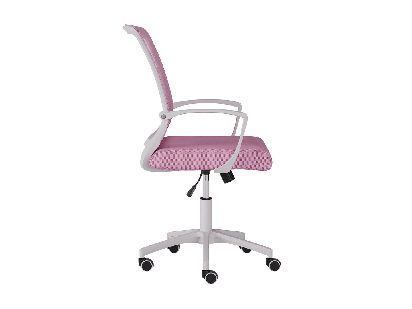 Pink and white mesh task chair with ergonomic design, adjustable height, and swivel base for office use.