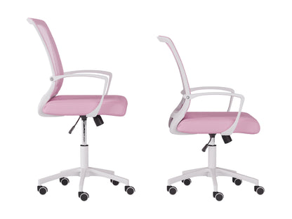 Pink mesh task chair with white frame, ergonomic design, adjustable height, and swivel base for office use.