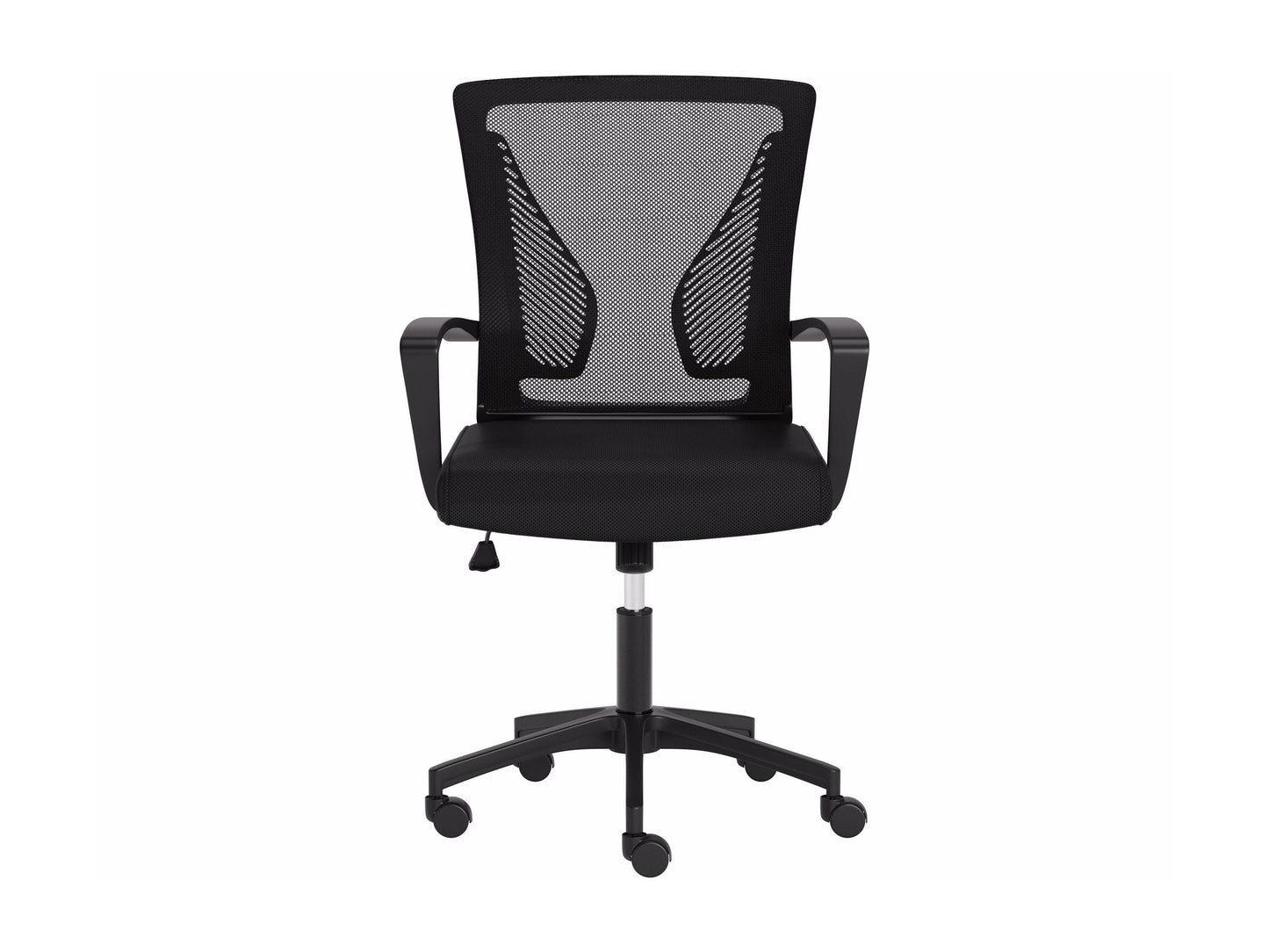 Black mesh office task chair with ergonomic design, adjustable height, and swivel base.