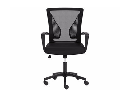 Black mesh office task chair with ergonomic design, adjustable height, and swivel base.