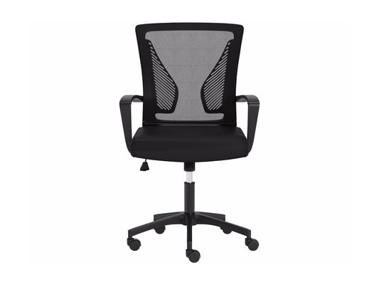 Black mesh office task chair with ergonomic design, adjustable height, and swivel base.