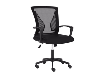 Ergonomic black mesh task chair with adjustable armrests and lumbar support, ideal for office use.