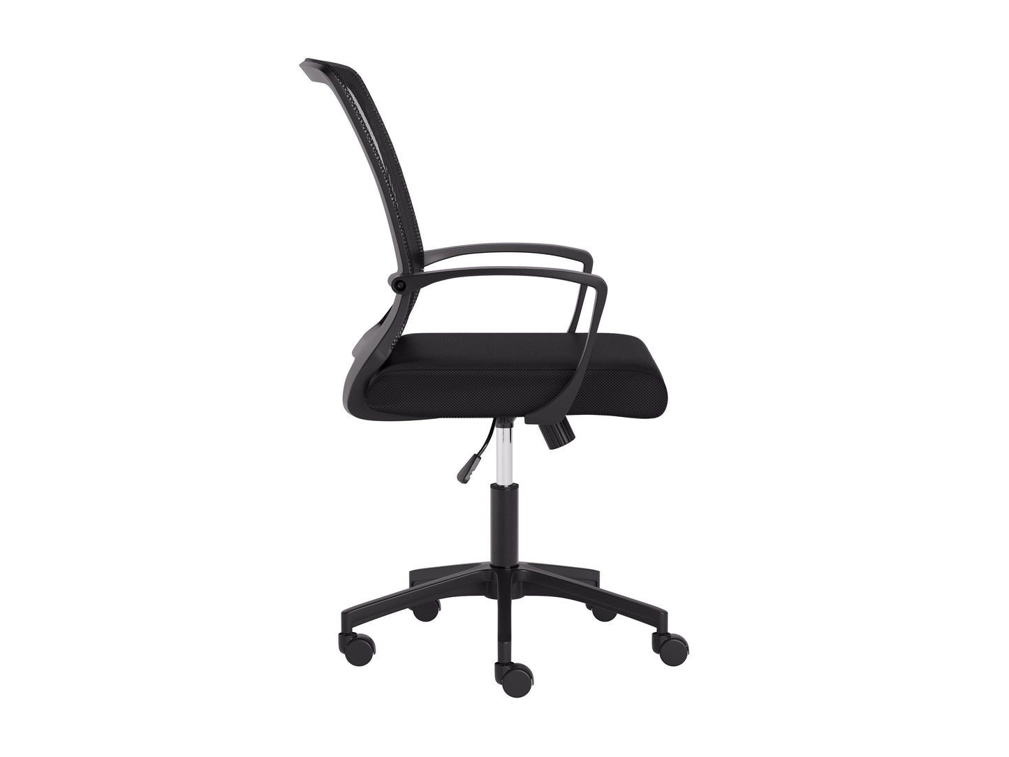 Black mesh task chair with ergonomic design, adjustable height, and lumbar support for office use.