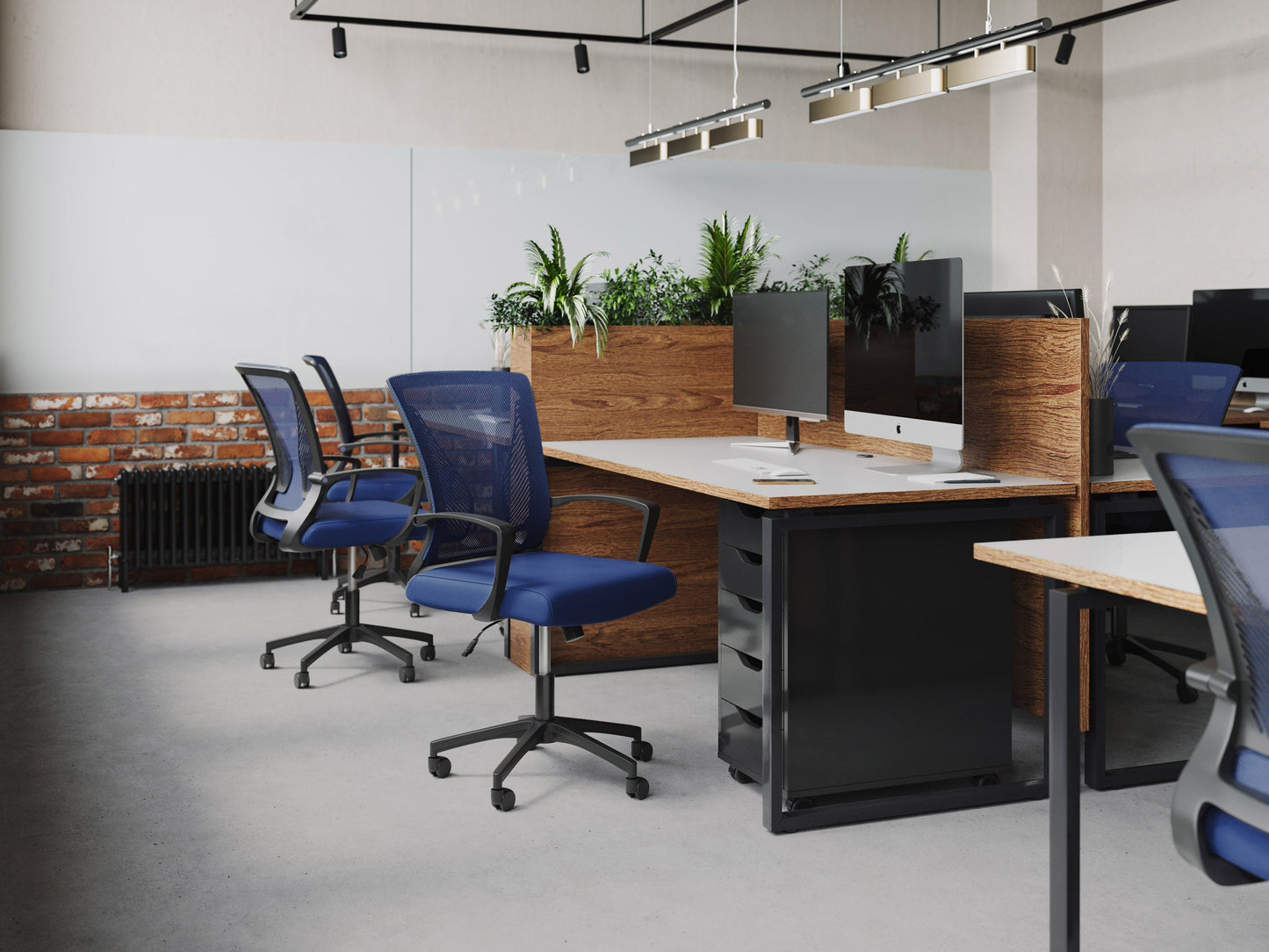 Ergonomic blue and black mesh office chair with adjustable armrests and lumbar support.