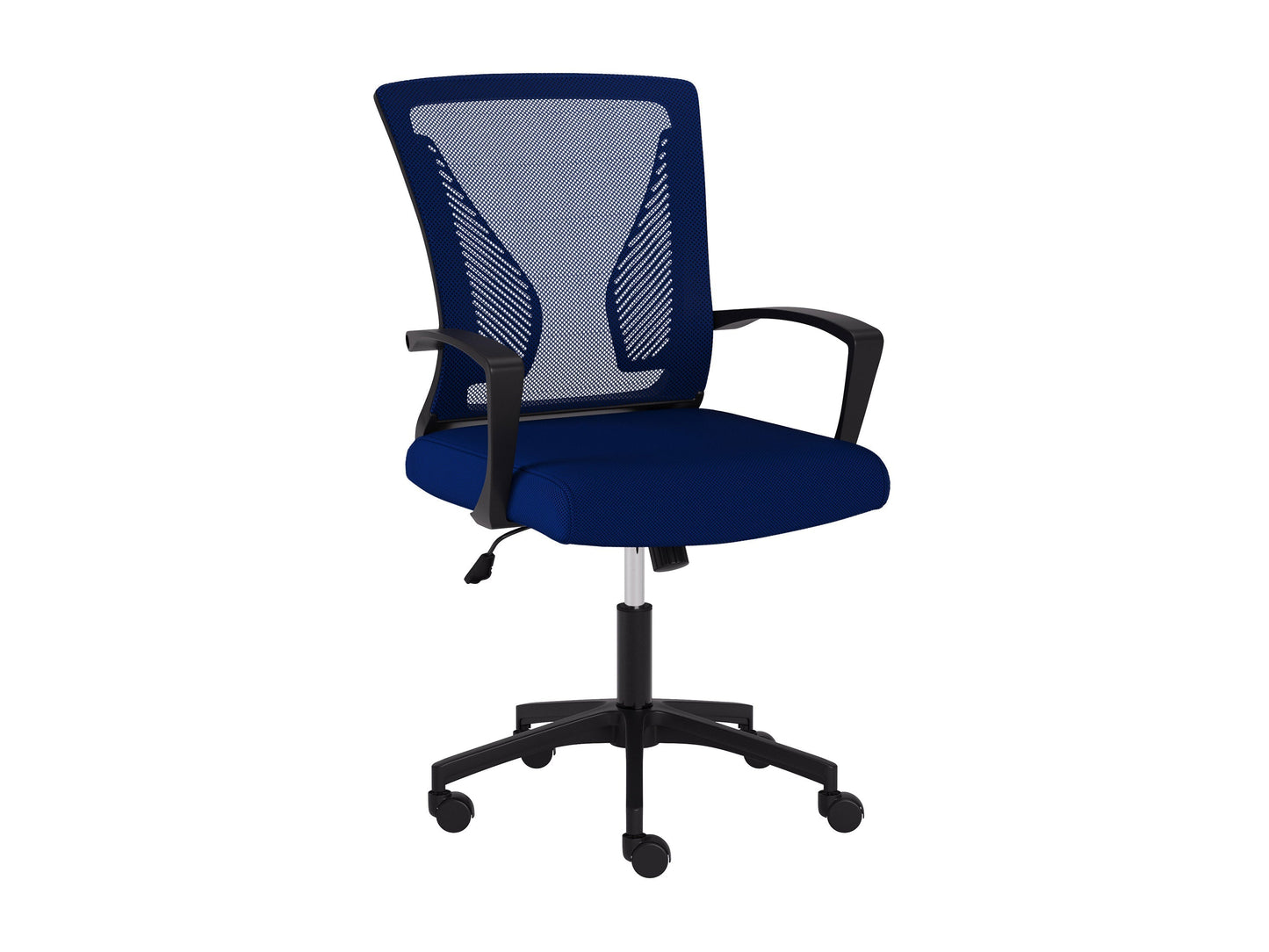 Blue and black mesh task chair with ergonomic design, adjustable height, and lumbar support.