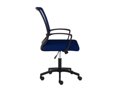 Blue and black mesh task chair with ergonomic design, adjustable height, swivel base, and breathable fabric.