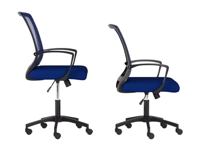 Blue and black mesh task chair with ergonomic design, adjustable height, and rolling casters for office use.