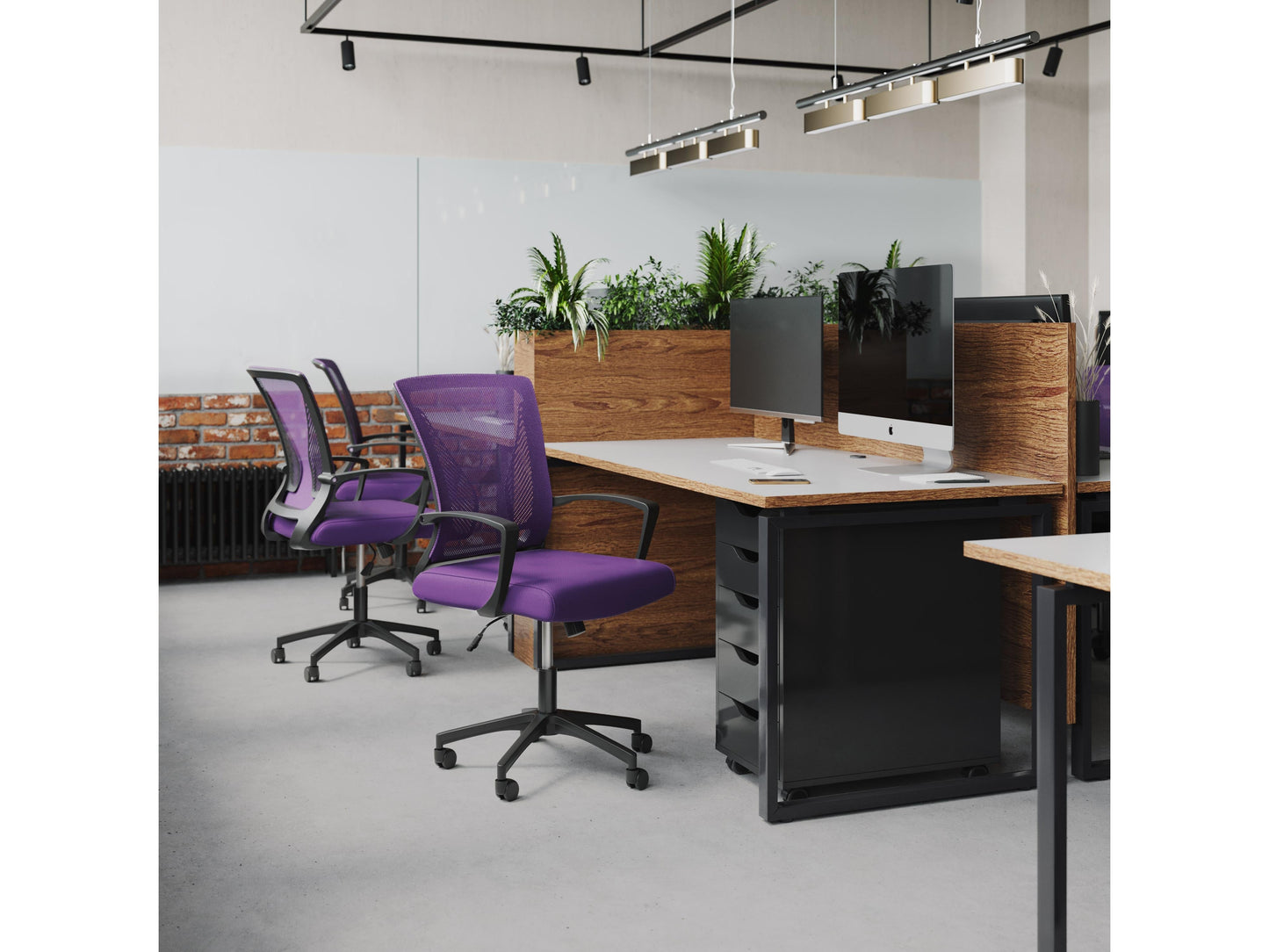 Purple and black mesh task chair with ergonomic design, adjustable height, and lumbar support.