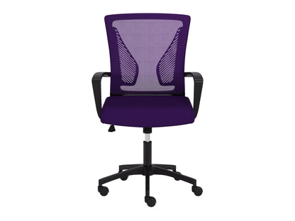 Purple mesh task chair with black frame, ergonomic design, adjustable height, and lumbar support for office use.