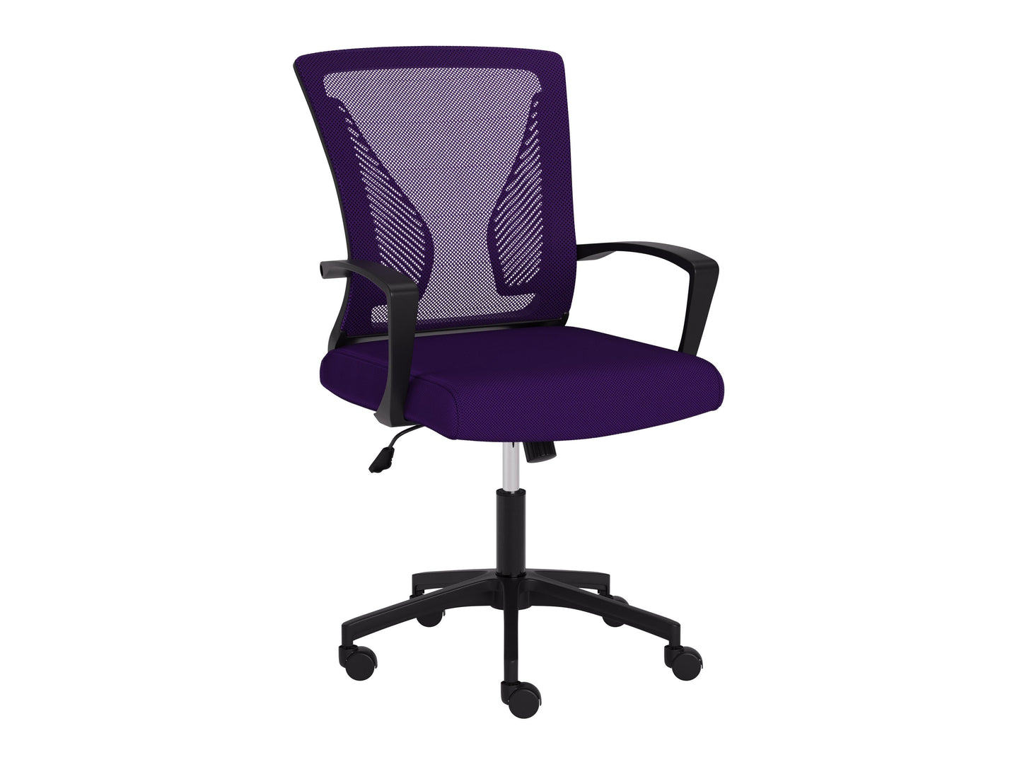 Purple and black mesh task chair with ergonomic design, adjustable height, and lumbar support.