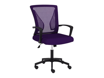 Purple and black mesh task chair with ergonomic design, adjustable height, and lumbar support.