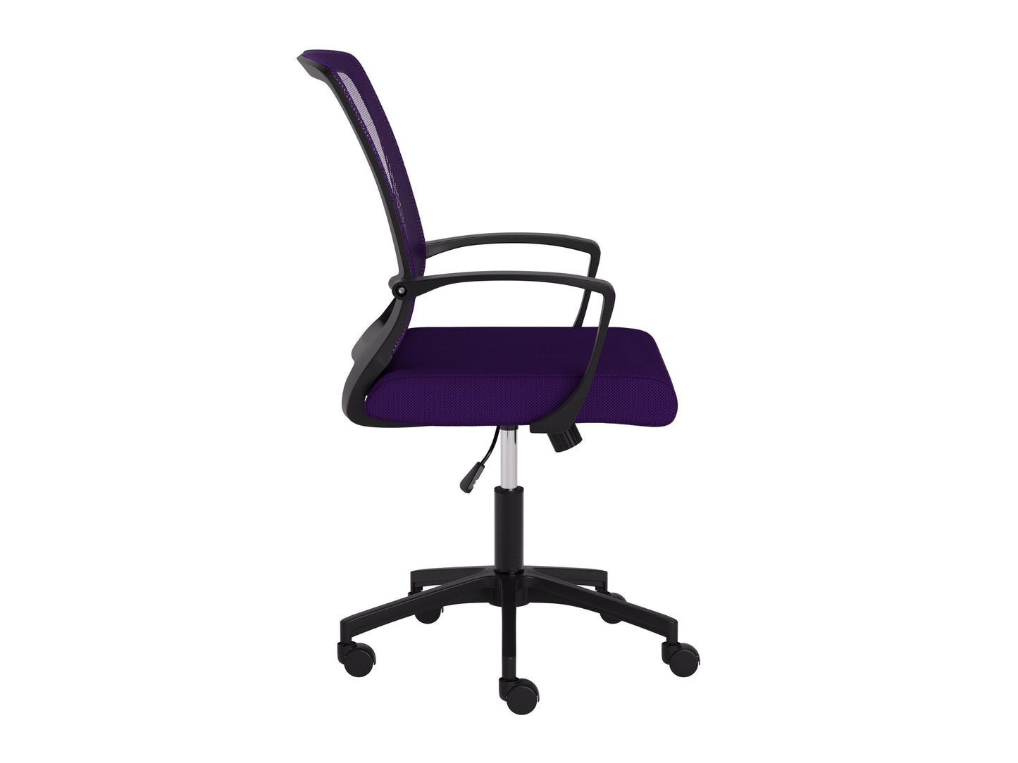 Purple and black mesh task chair with ergonomic design, adjustable height, and wheeled base for office use.