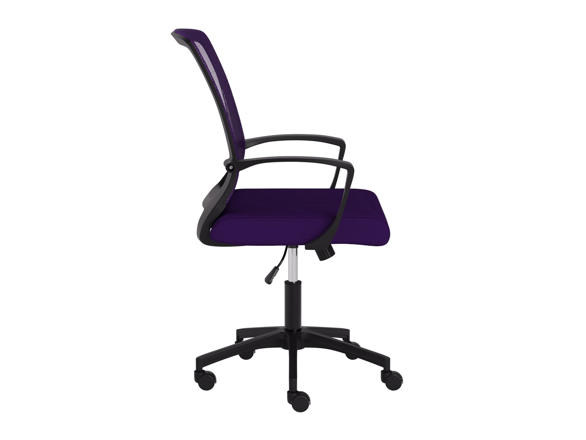 Purple and black mesh task chair with ergonomic design, adjustable height, and wheeled base for office use.