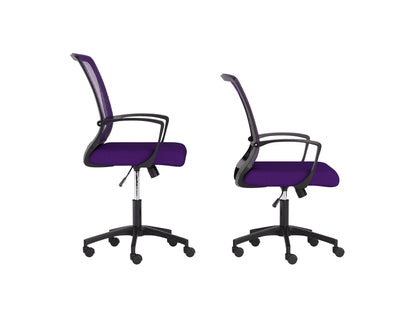 Purple and black mesh task chair with ergonomic design, adjustable height, and lumbar support for office use.