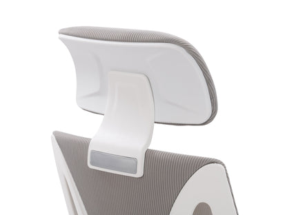 High back office chair in grey and black with ergonomic design, adjustable height, and lumbar support.