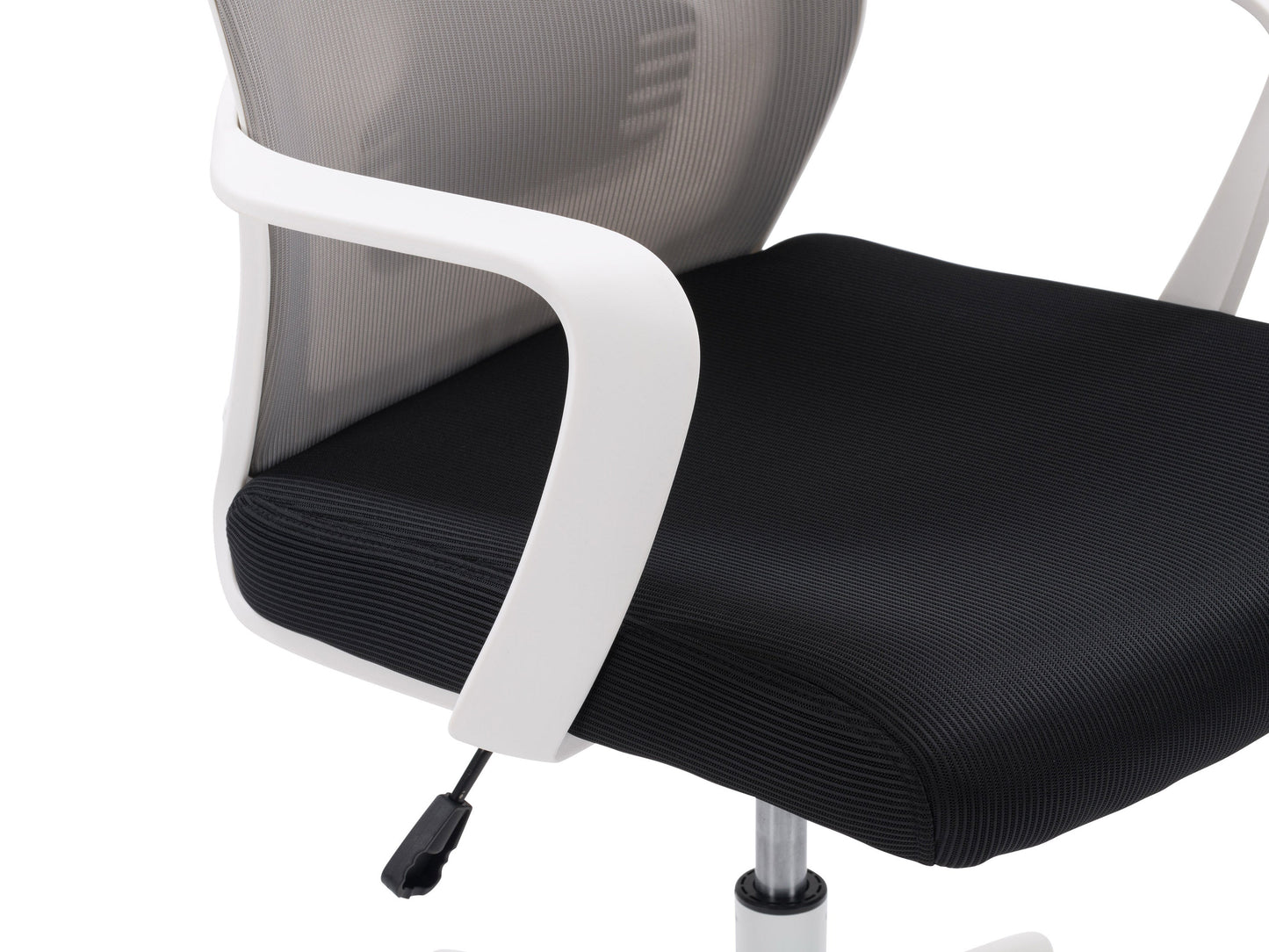 High back office chair, grey and black, ergonomic design, adjustable height, padded seat, and lumbar support.