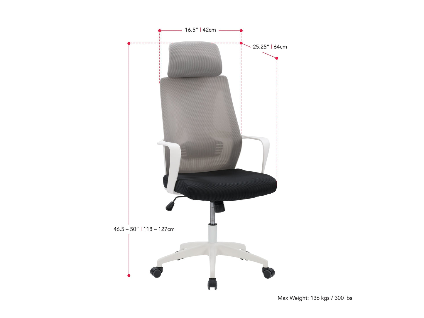 Grey and black high back office chair with ergonomic design, mesh backrest, adjustable armrests, and swivel base.