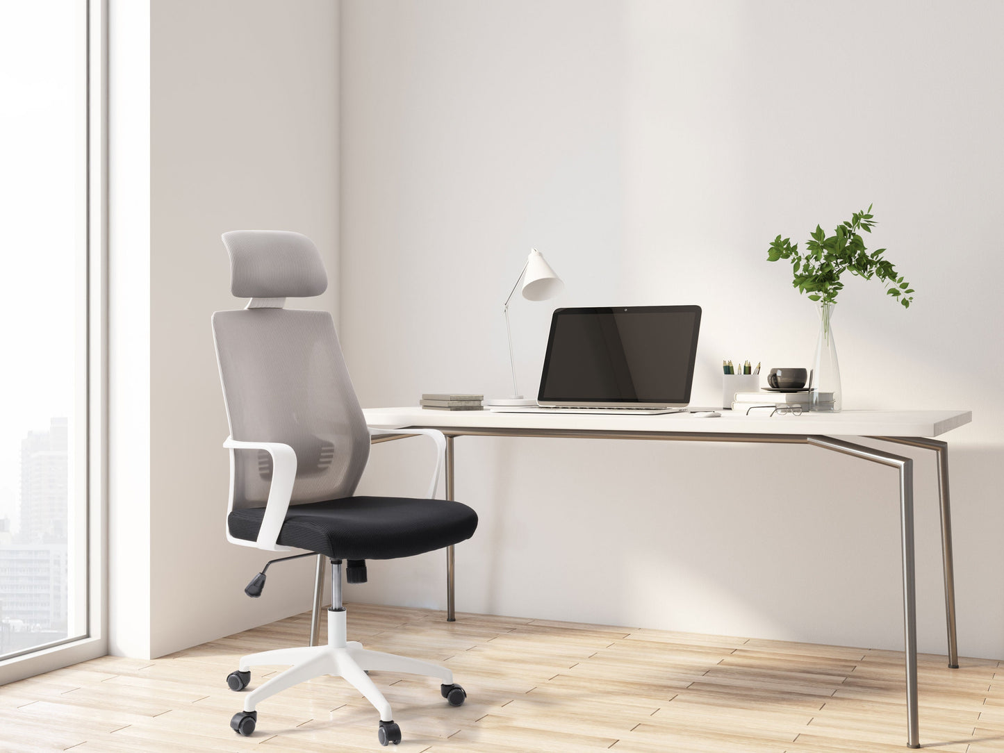 High back office chair, grey and black, ergonomic design, mesh backrest, adjustable height, and padded armrests.