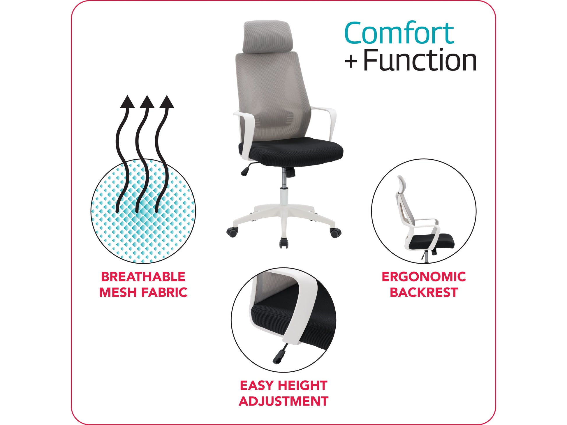 High back office chair in grey and black, ergonomic design with adjustable armrests and lumbar support.