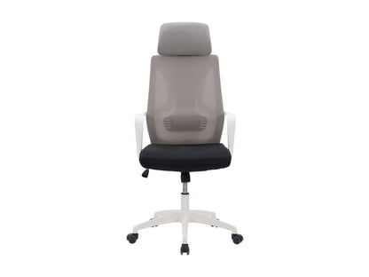 High back office chair in grey and black with ergonomic design, adjustable height, and padded armrests.