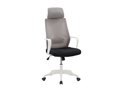 Grey and black high back office chair with ergonomic design, adjustable height, and padded armrests.