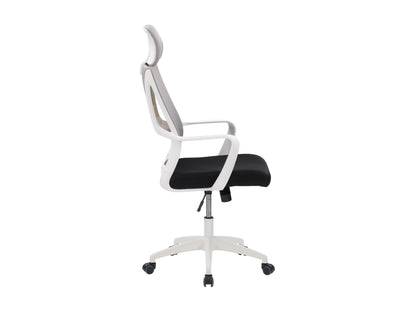 High back grey and black office chair with ergonomic design, mesh backrest, and adjustable armrests.