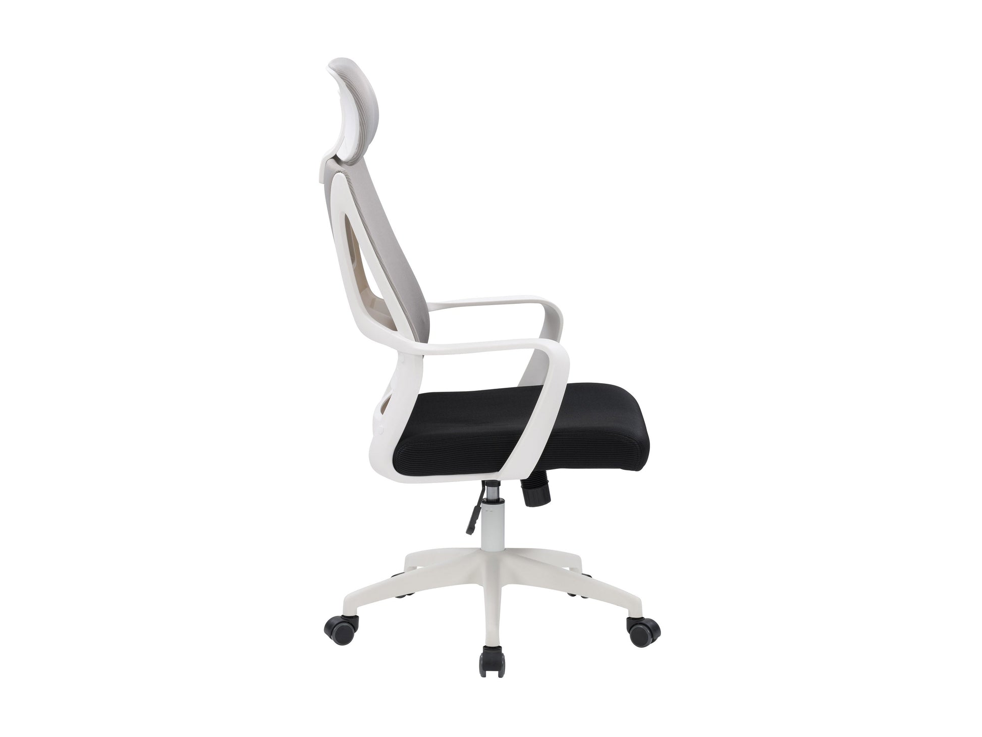 High back grey and black office chair with ergonomic design, mesh backrest, and adjustable armrests.