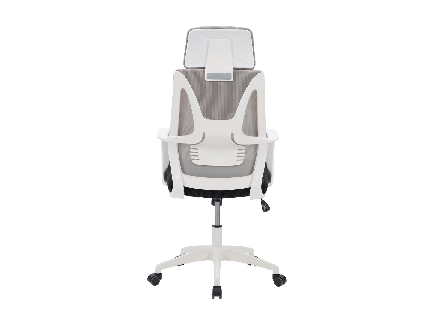 High back office chair, grey and black, ergonomic design with adjustable height and lumbar support, mesh backrest.