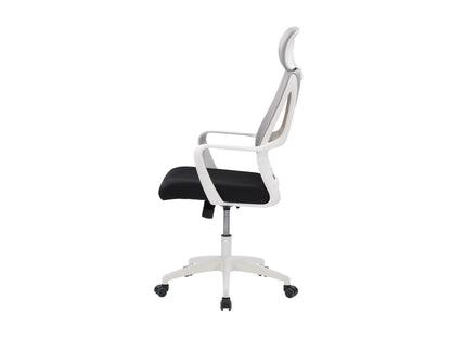 High back office chair in grey and black with ergonomic design, adjustable height, and lumbar support.