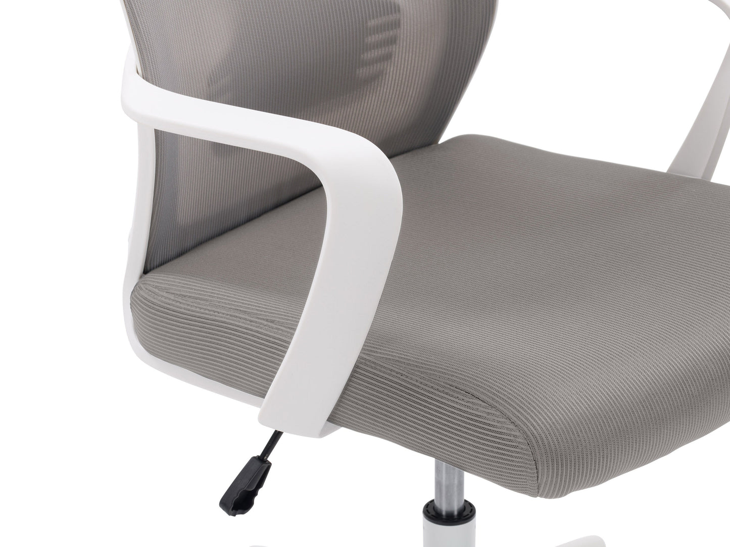 High back grey office chair with ergonomic design, cushioned seat, and adjustable height