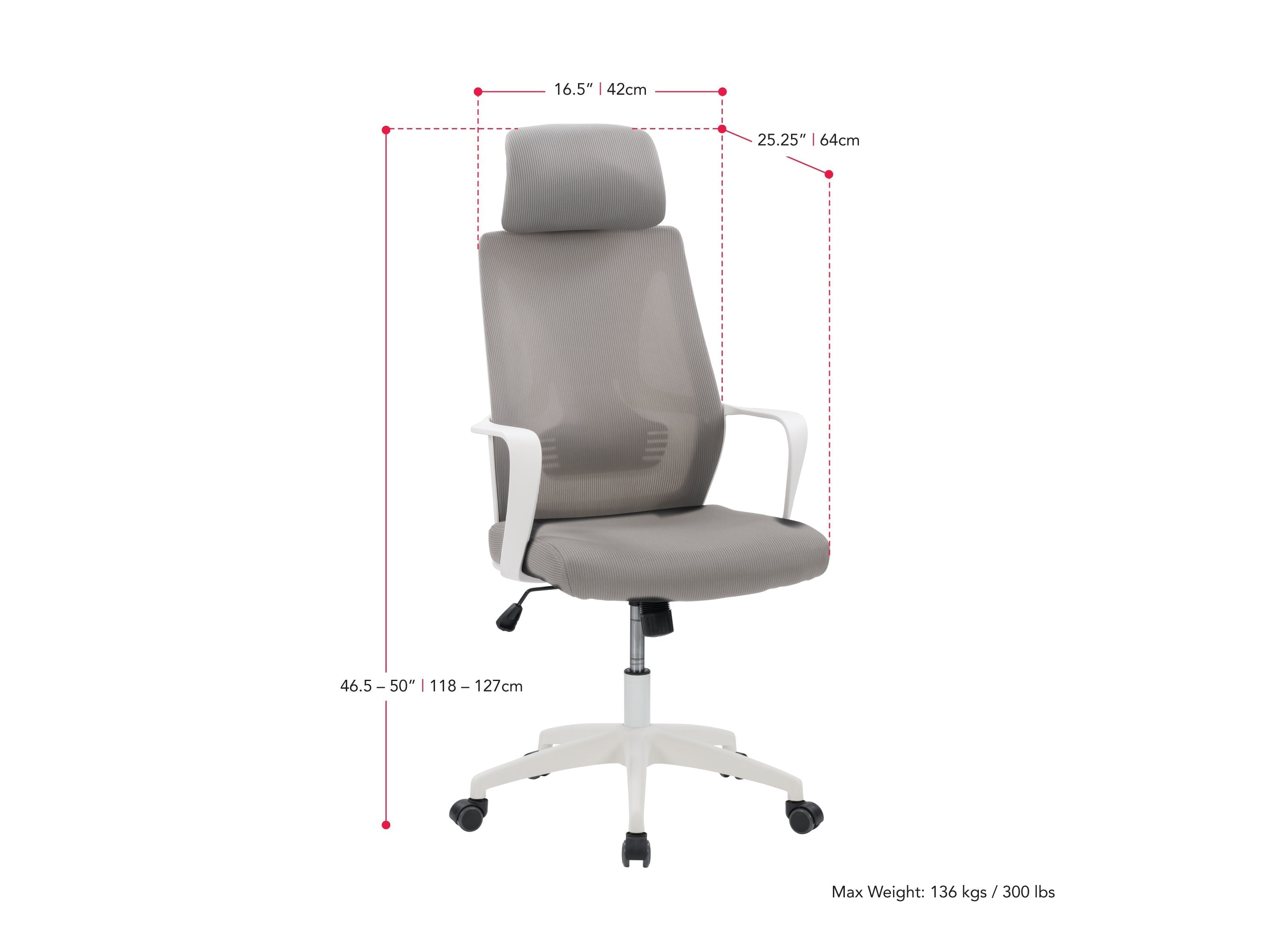 High back grey office chair with ergonomic design, padded seat, and adjustable armrests.