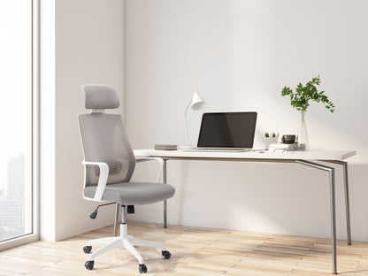 High back grey office chair with ergonomic design, adjustable height, and padded armrests for home or office use.