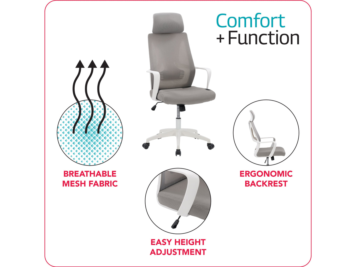 Ergonomic high back office chair in grey fabric with adjustable armrests, lumbar support, and swivel base.